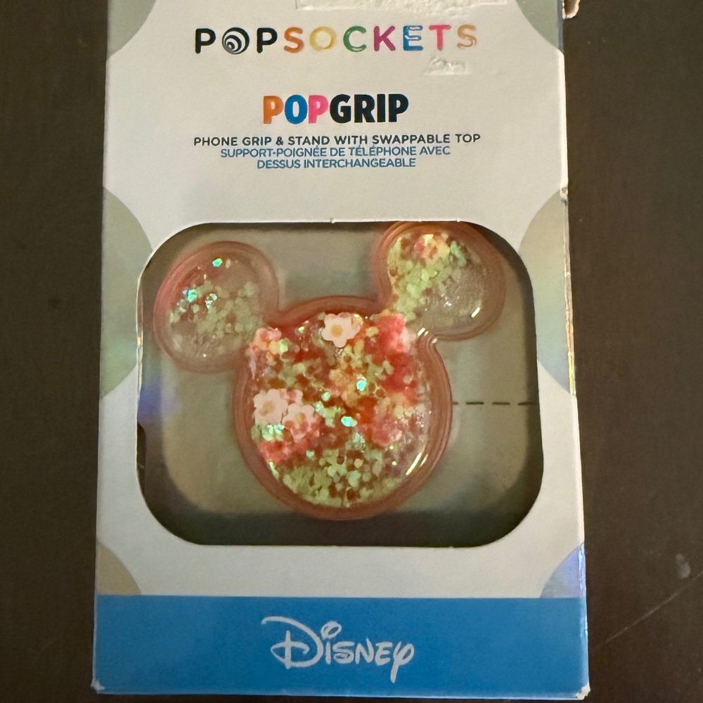 Pink mickey falling glitter pop socket, new in box